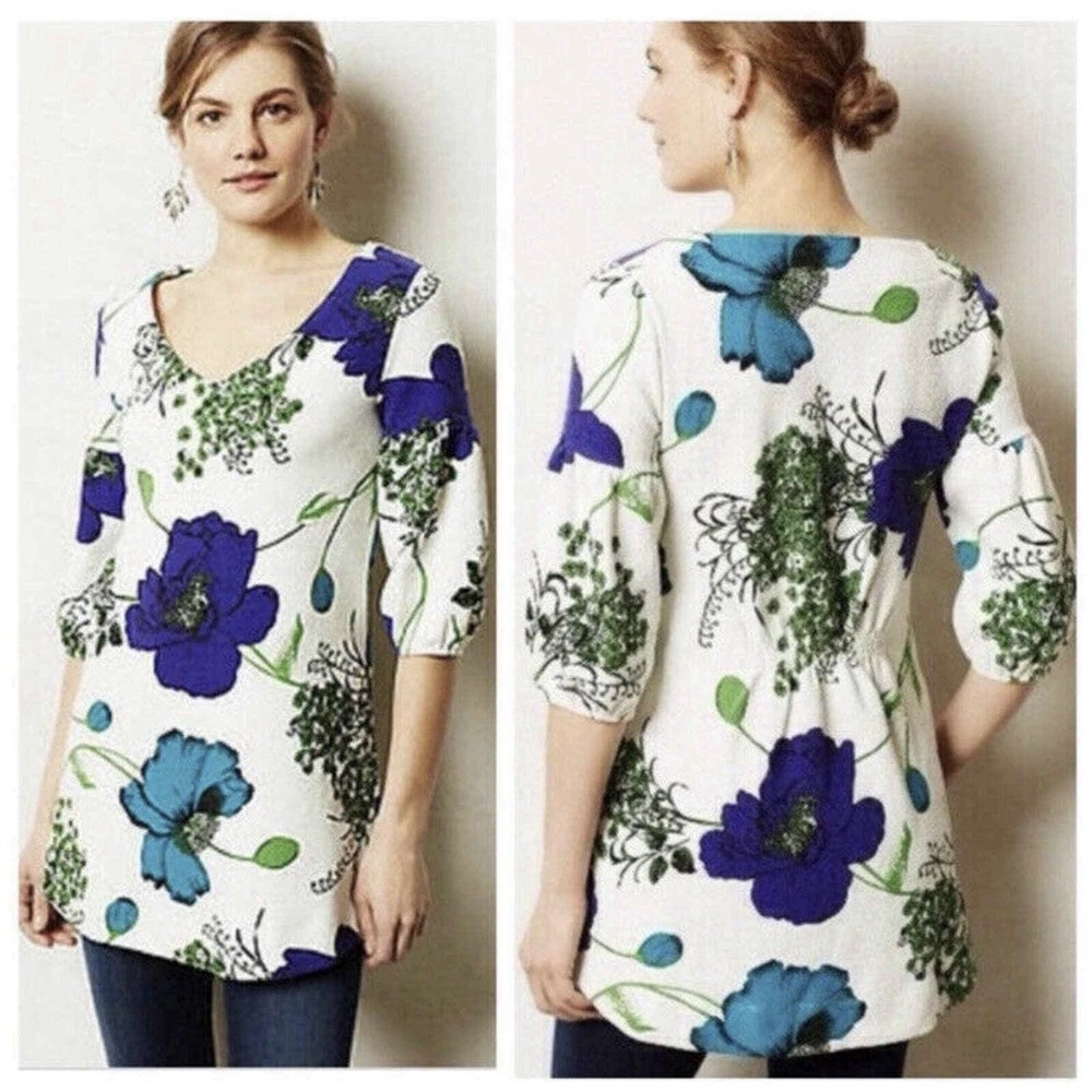 Anthropologie Deletta Haru Blue Green Floral Puff Sleeve Tunic Top Sz‎ M #321